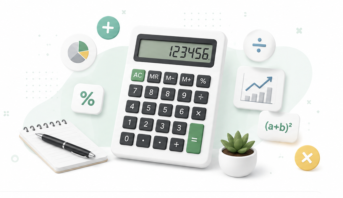 Illustration of a calculator surrounded by a notepad, plant, and math symbols
